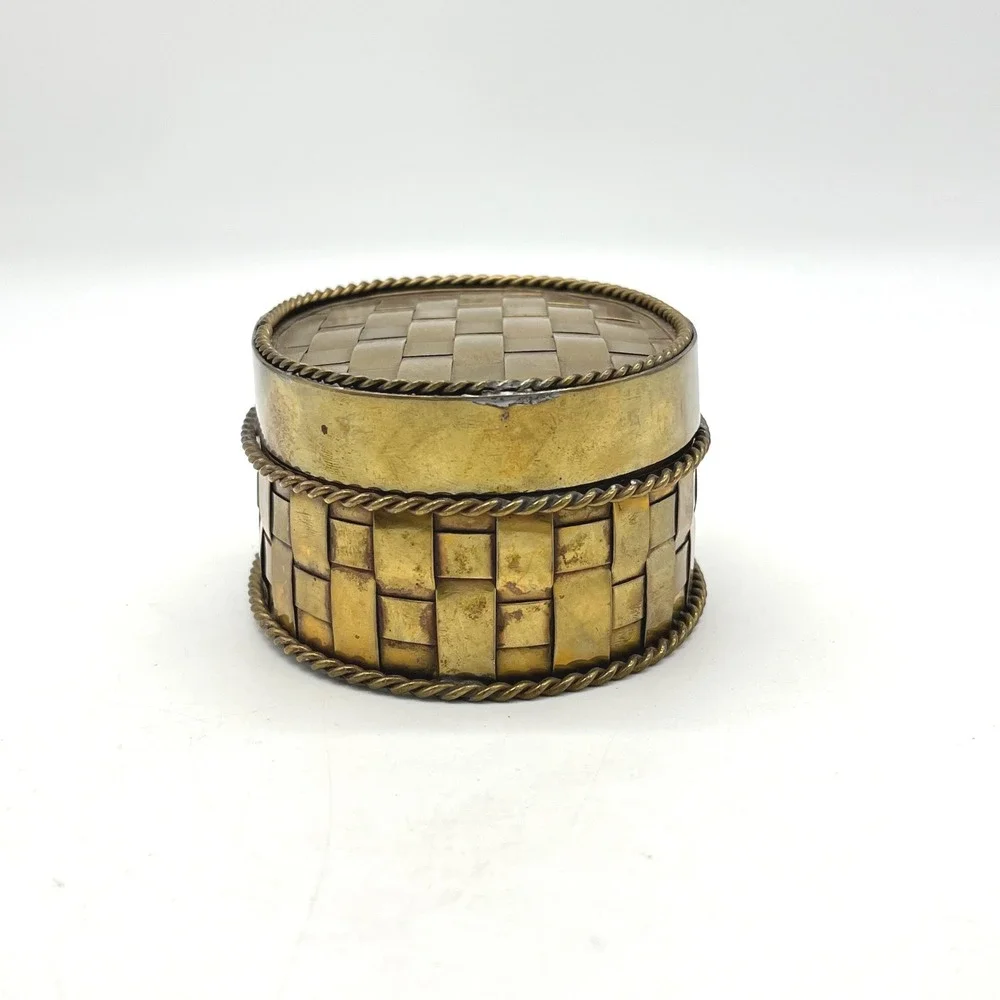 Vintage Brass‎ Woven Basket Trinket Jewelry Box Decorative Container Oval
